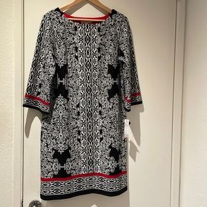 Sandra Darren Dress, 3/4 sleeve, Blk/white pattern/red stripes, Sz 12, NWT